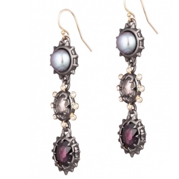 ALEXIS BITTAR • NEW Gold Gunmetal Pearl Stone 3 Stone Drop Spiked Earrings - Picture 4 of 11